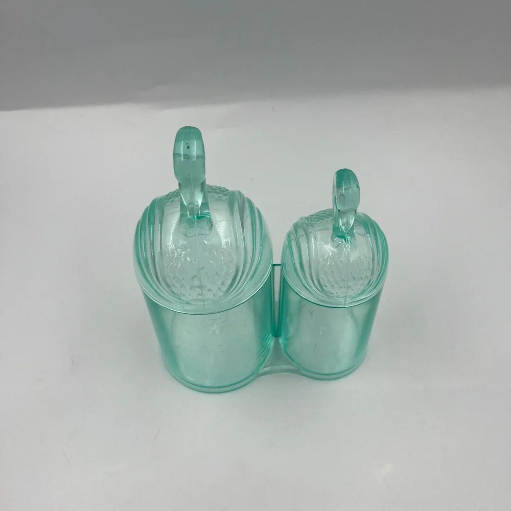 Vintage Aqua Plastic Double Vanity Canister Figural Swan Lids Retro Organizer